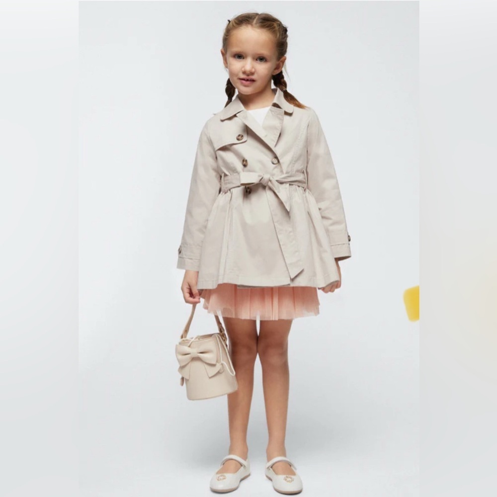 Mayoral Girls Classic Belted Raincoat Trench Beige Size 5 EUC